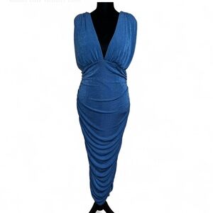 FASHION NOVA Blue Ruched Backless Maxi Dress V Neck Sleeveless XL NWT